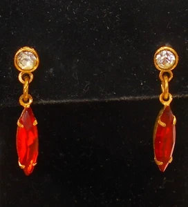 Vintage Dangle Pierced Earrings Orange & Clear Stone Settings Gold Tone 1" Long - Picture 1 of 1