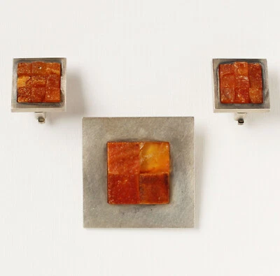 Marcin Zaremski Polen Anhänger + Ohrringe Ohrclips 925 Sterling Silber Bernstein - Bild 1 von 3