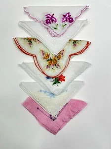 Vintage Colorful Floral Lot Of 6 Assorted Hanky Handkerchief Hankie Pink - Picture 1 of 6