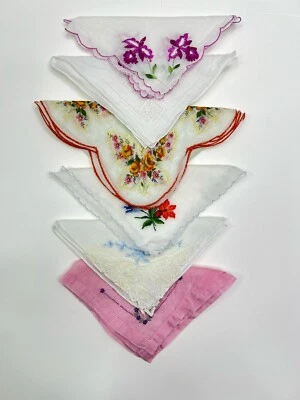 Vintage Colorful Floral Lot Of 6 Assorted Hanky Handkerchief Hankie Pink - Image 1 of 4