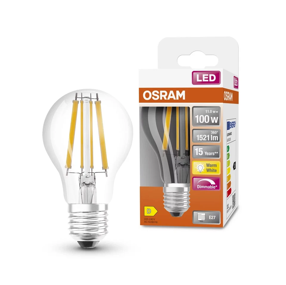 Osram 11w (100w) A60/GLS LED Warm White (2700K) Dimmable E27/ES Clear Lightbulb. - Image 1 of 1