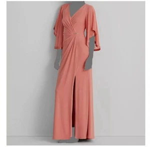 Lauren Ralph Lauren Womens Pink V-Neck Embellished-Brooch Gown Dress Size 4 - Picture 1 of 7