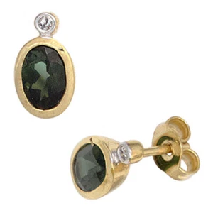 Orecchini Con Tormalina Verde Ovale E 2 Diamanti In Oro Giallo 585, Donna - Foto 1 di 1
