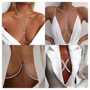 Rhinestone Bra Body Jewellery Harness Crystal Chain Bikini Lingerie Necklace - Picture 1 of 47