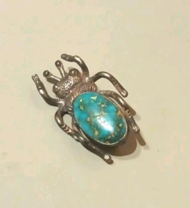 Navajo Hand made Turquoise Pin - Vintage Sterling Silver Turquoise Beetle Pin - Picture 1 of 2