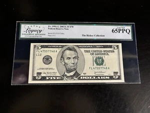 DBR 2003-A $5 FRN San Francisco Gem Fr. 1991-L Legacy 65 PPQ Serial FL47557748A - Picture 1 of 2