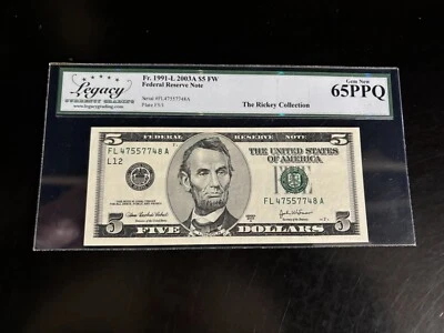 DBR 2003-A $5 FRN San Francisco Gem Fr. 1991-L Legacy 65 PPQ Serial FL47557748A - Image 1 of 2