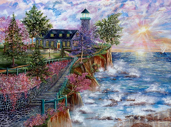 von Wening Art Print Lighthouse Point with boat sailing away into the Sunset - Image 1 of 1