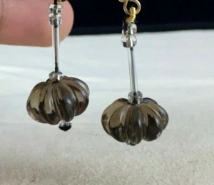 NATURAL BLACK SMOKY QUARTZ BEADS CARVED MELON 27 CARATS PAIR GEMSTONE FOR DESIGN - Picture 1 of 5