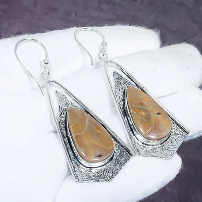 Pendiente de joyería de plata de ley 925 hecho a mano con piedras preciosas de coral fósil 2,76 "V102 Foto 1 de 3