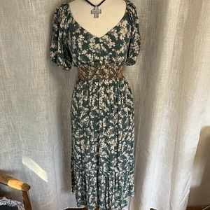 Womens Boho Ruffle Dress XS Green Floral Milkmaid Peasant Cottage Core Forest - Picture 1 of 14