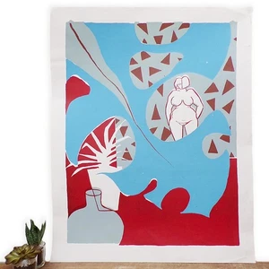 Large Original Abstract Art Unframed Screen Print Contemporary Woman Plant Vase - Picture 1 of 12