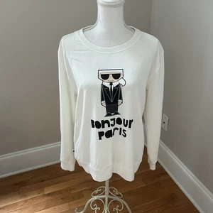 Karl Lagerfeld Bonjour Paris Ikon cremefarbenes grafisches Damen-Sweatshirt Größe Large - Bild 1 von 7