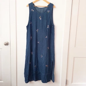VTG 90s Denim Jumper Dress Large Floral Embroidery Cottage Granny Prairie Retro - Picture 1 of 7