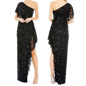NWT Mac Duggal One Shoulder Beaded Black Gown Asymmetrical Hem size 6 NEW - Picture 1 of 21