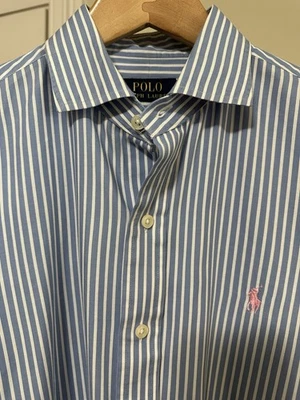 Men’s Polo Ralph Lauren Dress Shirt Size Small Blue White Striped Pink Pony - Image 1 of 4