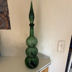 "Decantador de botella vintage Empoli Swirl de vidrio verde triple calabaza Genie 22"" de alto" - Imagen 1 de 10