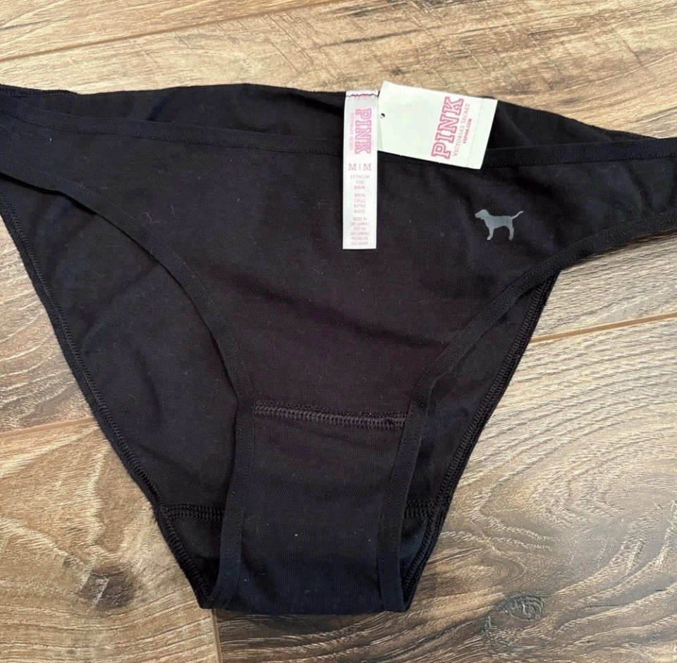 NWT VTG Victoria's Secret PINK Black Cotton Logo Dog Bikini Panties MEDIUM RARE - Image 1 of 1