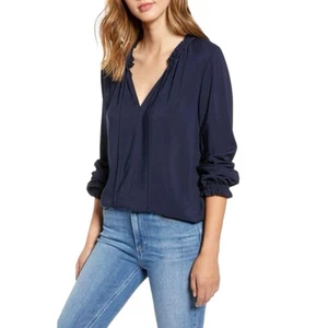 Anthropologie Velvet by Graham & Spencer Ruffle Tie Neck Top Blouse XS Navy Blue - Picture 1 of 8