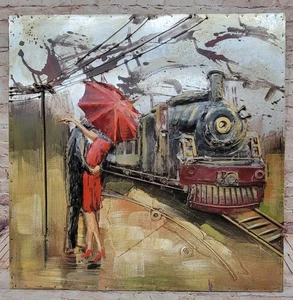 Metal Decoration Oil Painting Wall Art Train and Couple Iron 3D Dimension Sale - Picture 1 of 10