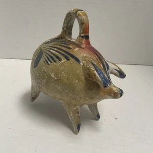 Antique PIGGY BANK Mexican Hand Painted Folk Art Clay Pottery Handle Chalkware 2 - Picture 1 of 16