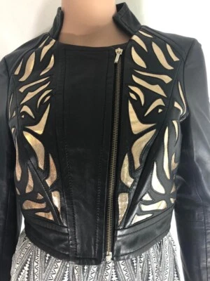 Chaqueta para mujer Guess By Marciano negra y dorada cremallera completa 100 % cuero de cordero XS Foto 1 de 4