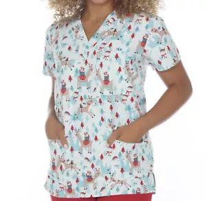 NWT Women's XL Holiday Reindeer Print I Love Scrubs Scrub Top - Picture 1 of 1