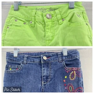 Girls size 8 & 8S Jean Capri Green Blue Denim Cuffed Hem Embroidered 2 Pair - Picture 1 of 8