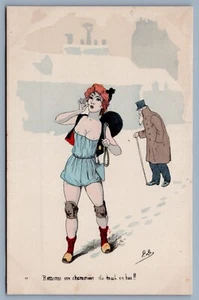 Postcard Risque French Lady In Snow c1913 - Picture 1 of 2