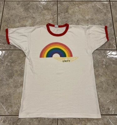 Vtg 70s 80s XL Champion Rainbow Unity Gay Lesbian LGBT Ringer T Shirt 50/50 USA - Image 1 of 4