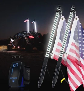 2x 2ft Pure White LED Spiral Whip Light Flag Pole w/ Spring Base Switch UTV ATV - Picture 1 of 6
