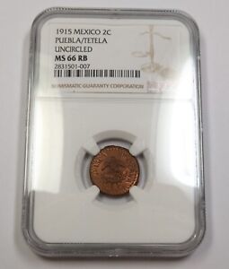 1915 NGC MS66 RB RED BROWN | MEXICO - Puebla/Tetela 2 Centavos 2C Coin #40250A