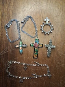 Lot Of 5 Religious Costume Jewelry Necklace Brooch Sterling Silver Anklet - Picture 1 of 15