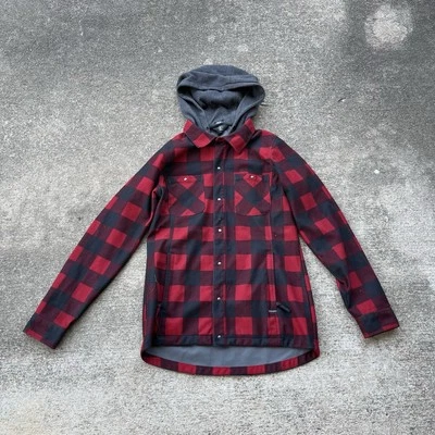 Volcom Men’s Hooded Flannel Shacket Red Black Plaid Size Medium  - Image 1 of 4