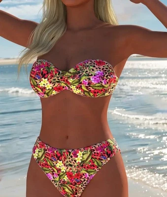 New Stunning Floral Vibrant Colours & Leopard Print Bandeau Bikini Size 16  - Image 1 of 4