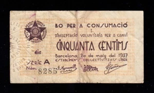 F.C. BARCELONA , 50 CENTIMS 1937 , SERIE A , MBC- . - Bild 1 von 2
