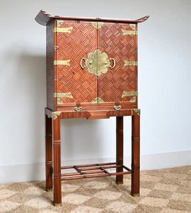 Mid 20th C Korean Oriental Chinese Bamboo Brass Table Drawer Cabinet on Stand - Picture 1 of 12