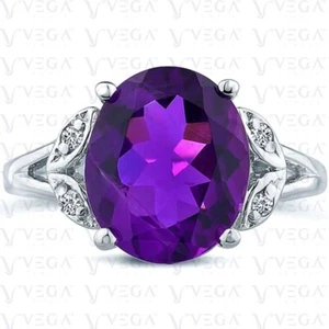 6.17Ct Oval Cut Natural Amethyst & Diamond Engagement Ring 18K White Gold Plated - Picture 1 of 15