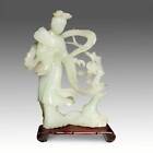 QUAN KWAN GUAN YIN HOLDING FAN JADE WITH WOOD STAND GODDESS COMPASSION BUDDHISM 
