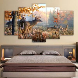 Natürlicher Baum Wald Hirsche Tiere gerahmt 5 Stück Tafel Leinwand Wandkunst Druck - Bild 1 von 1
