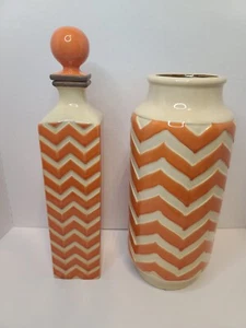 Set di 2 contenitori in gres arancione 1 con coperchio. Decorativo. - Foto 1 di 5