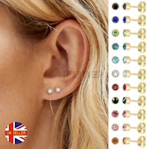 4MM Small Round Birthstones Gold Plated Bezel Ear Stud Piercing Studs Earrings - Picture 1 of 119