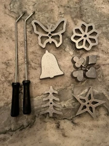 Vintage 8 pc Rosette Iron Set Handle Cookie Molds Christmas Tree Bell Butterfly - Picture 1 of 2