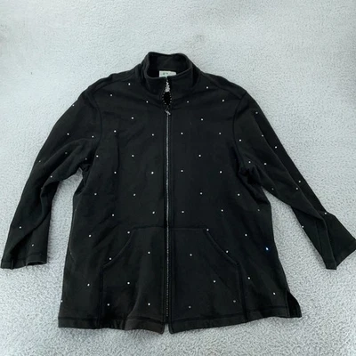 Quacker Factory Jacket Womens 1X Black Rhinestone Zip Front Pockets Mock Neck - Image 1 of 4