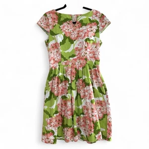 Elizabeth McKay Geraniums Hydrangea Green Pink Floral Pleated Fit Flare Dress 6 - Picture 1 of 7