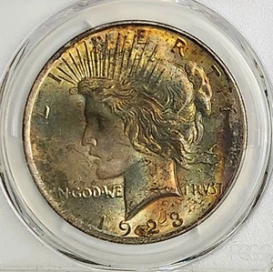 1923 Peace Dollar PCGS MS63 ~ Monster Rainbow Toned Obverse! - Picture 1 of 5