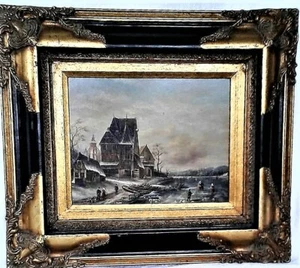 Dipinto vintage olandese olio su tavola con cornice ornata abbinata - Foto 1 di 5