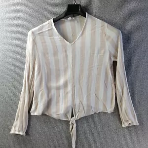 Morgan Taylor Blouse Womens Medium Beige White Vertical Stripes V neck Tunic Tie - Picture 1 of 14