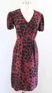 Burberry London Burgundy Red Black Leopard Print Silk V Neck Sheath Dress Size 2 - Picture 1 of 12