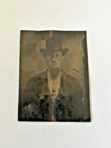 Antique Tintype Photo Old Guy with Hat & Beard ~2 1/2" x 1 7/8" - Picture 1 of 2